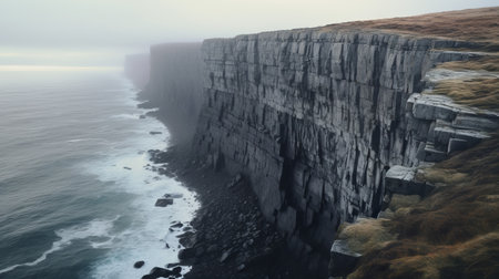 a cliff at smrby, captured in a darkly detailed, photorealistic style, showcases the breathtaking beauty of hazy landscapes. this national geographic photo by even mehl amundsen offers a mesmerizing view of the ocean from a vantage point on the cliff. the uhd image captures the intricate details of the scene, making it a stunning visual experience. ai generatedの素材