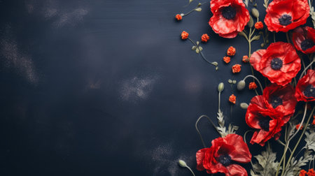 red poppies bloom vibrantly against a dark background, showcasing ornamental details and embellishments. the dark gray and navy hues create a captivating contrast. this tabletop photograph captures a minimalistic aesthetic with weathered materials, evoking a festive atmosphere. the uhd image brings out the intricate beauty of the poppies. ai generatedの素材