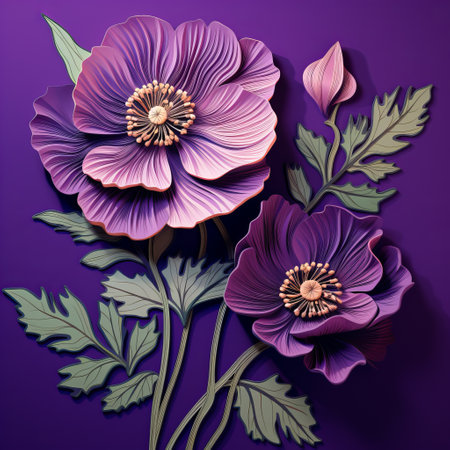 purple flowers in a cut-out design of an old paper plate, featuring leaves. this realistic-style artwork incorporates surrealistic elements, bold shadows, and highly detailed forms. the relief sculpture showcases darkly romantic illustrations with polychrome terracotta tones. ai generatedの素材