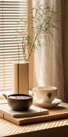 two cups and a pot are placed on a table, creating a serene and peaceful ambiance. the japanese-inspired setting is enhanced by the sunrays shining upon the scene, casting contrasting shadows. the sustainable design is evident, and the use of a sabattier filter adds a unique touch. soft focal points draw attention to the captivating details. ai generatedの素材