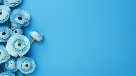 blue anemone flowers, in the style of minimalist surrealism, bloom on a blue background. the stem gracefully emerges from the center, creating a visually striking composition. this high-resolution image showcases intricate paper sculptures, with delicate details resembling fine feathers. the innovative page design of this website highlights the white and aquamarine color palette, enhancing the overall aesthetic appeal. ai generatedの素材