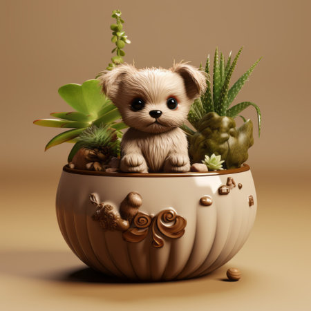 a brown dog, crafted in the style of zbrush, sits inside a porcelain pot surrounded by lush plants. this adorable toy sculpture showcases detailed character illustrations with fluid and organic lines. the 32k uhd resolution captures every intricate detail of this charming canine artwork. ai generatedの素材