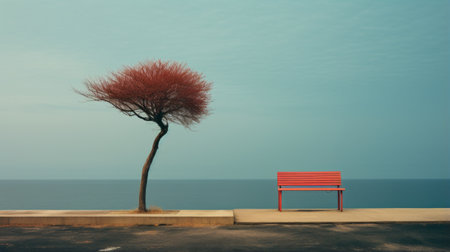 a large red bench sits on the sandy shore of a small lake, embodying the essence of conceptual minimalism. surrounding it are ethereal trees, casting a light teal and crimson hue. this photorealistic urban scene captures the tranquility of seaside vistas, reminiscent of minimalistic japanese aesthetics. discover more captivating images like this on flickr. ai generatedの素材