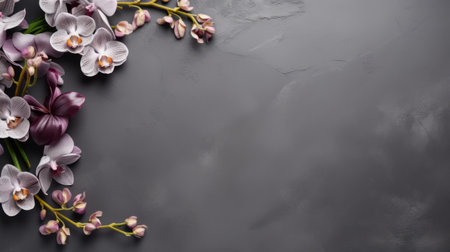flowers of orchids, in light pink and dark gray, stand out against a dark backdrop. the minimalistic objects and organic stone carvings create visually tactile surfaces. the soft focal points add to the overall aesthetic of the photo. ai generatedの素材