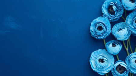 blue anemone petals create a striking contrast against a blue background in this minimalistic composition. this stock photo features a symmetrical arrangement of flowers, capturing the essence of jewish culture themes. the use of paper and the dark turquoise color add depth and visual interest to this high-resolution, ultra-high-definition (uhd) image. ai generatedの素材