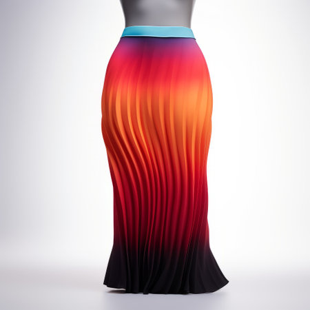 a black and orange pleated dress, featuring colorful gradients and a panoramic scale, is displayed on a mannequin. the vibrant and high-energy imagery showcases light cyan and maroon hues, created through digital gradient blends. the detailed drapery of the dress reflects a 21st-century style. ai generatedの素材