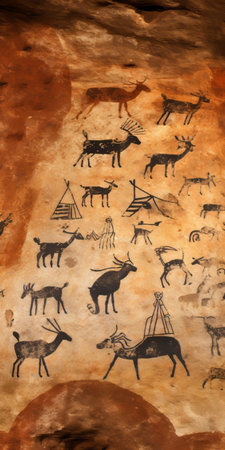 a large rock wall featuring stylized animal motifs reminiscent of symbolist paintings and the art of the upper paleolithic era. the use of paper adds a unique touch to the naturalistic and atmospheric animal paintings, which are characterized by the influence of the nabis movement. ai generatedの素材