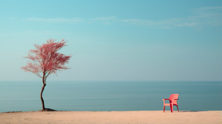 blue sky and water blend harmoniously in this photo, reminiscent of the style of jeeyoung lee. the light red and dark aquamarine hues create a captivating contrast. taken with a nikon d750, the en plein air beach scenes capture the essence of simplicity. the solarization effect adds a unique touch, while the sony fe 85mm f1.4 gm lens enhances the monochromatic color palettes. ai generatedの素材