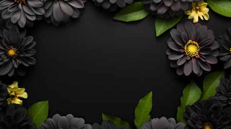 a photo featuring blooming flowers on a black background with vibrant yellow and green leaves. the composition showcases a unique framing style and innovative page design. the use of vray tracing enhances the visual appeal, while the dark gray and black minimalist backgrounds create a striking contrast. the image is captured in 32k uhd resolution, with hints of dark violet and dark brown adding depthの素材