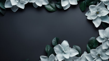 white magnolia flowers and green leaves stand out beautifully against a striking black background in this unique and high-quality photo. the dark black and dark aquamarine color scheme adds a touch of elegance and depth to the composition, making it a visually captivating image. the framing and composition are expertly done, resulting in a truly stunning uhd photograph. ai generatedの素材