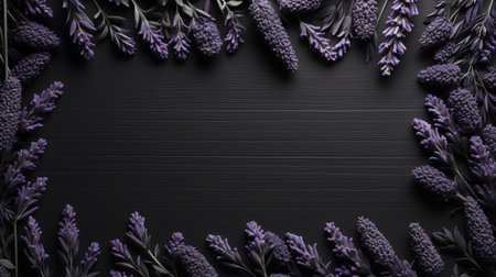 a bouquet of lavender sits gracefully on a black background, showcasing the intricate details of its carved surfaces. this photorealistic rendering captures the essence of minimalistic serenity with its innovative page design. shot with a voigtlander bessa r2m, the image exudes a rusticcore aesthetic, emphasizing the beauty of flat surfaces. ai generatedの素材