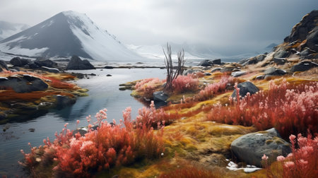 a stunning landscape scene capturing the essence of autumn, spring, and summer, inspired by the artistic styles of frostpunk, mike campau, scarlett hooft graafland, and serge marshennikov. the image showcases realistic and naturalistic textures, with a beautiful blend of pink and amber hues. the photorealistic rendering brings this captivating scene to life. ai generatedの素材
