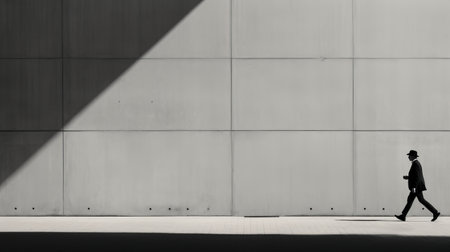 a person walks outside a building with a light in this minimalist abstract photograph. the uhd image showcases texture-rich surfaces and a matte photo finish. the panel composition mastery is evident, creating a monochrome simplicity with light gray and black tones. ai generatedの素材