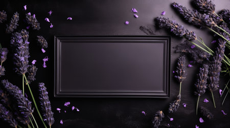 a frame of lavender, encompassed by vibrant lavender flowers, is showcased in this top view photograph. the dark background adds a touch of gothic influence, reminiscent of black paintings. the frame features subtle surface decoration and social commentary plaques. this uhd image is presented in a wood frame, with a screen format. ai generatedの素材