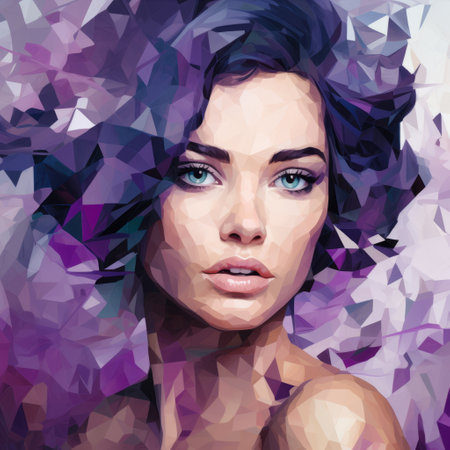 colorful abstract image of a woman in a geometric style, featuring vibrant violet hues. this low poly artwork is reminiscent of realistic oil paintings, showcasing photo-realistic techniques. the image captures a celebrity portrait with a strong facial expression, creating a visually striking and captivating composition. this uhd image is a stunning example of contemporary art. ai generatedの素材
