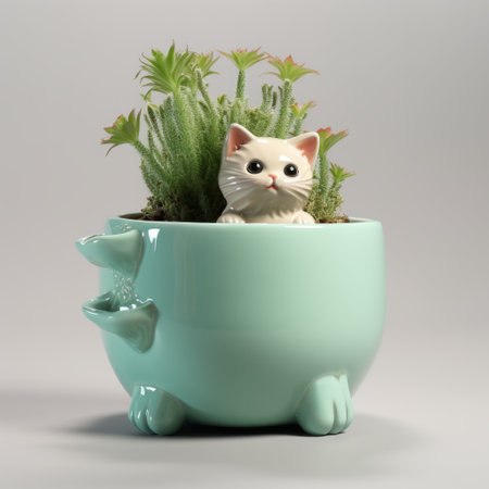 a mini cactus pot featuring an orange cat is depicted in this vray tracing style photograph. the image showcases a combination of light cyan and white colors, with a symbolic representation of animals. created using daz3d software, the photo incorporates traditional japanese artistic techniques, highlighted by light magenta and light green tones. the overall effect is a caricature-like portrayal. ai generatedの素材