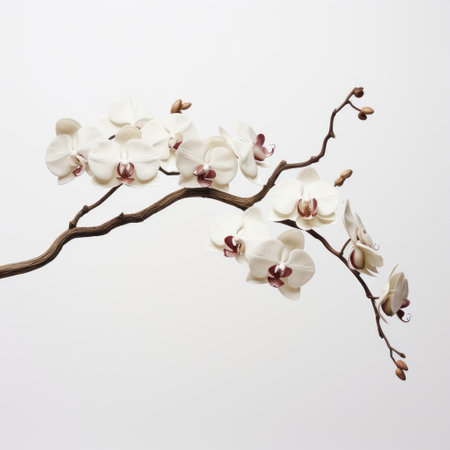 a white orchid with delicate branches stands against a white background in this photo. reminiscent of the style of patricia piccinini, the image captures the beauty of the white flower. the soft-focus technique adds a dreamy touch to the wall sculpture and installation, evoking the elegance of charles willson peale's work. the light maroon and white hues create a captivating contrast, reminiscent of the arabesqueの素材