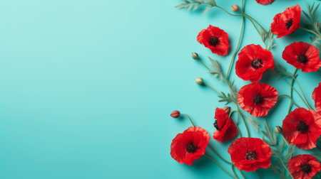 red poppies on a turquoise background create a striking image for valentine's day. this top view photo showcases the minimalistic composition and innovative page design. with its high level of detail and moody colors, this floral image is perfect for adding a touch of elegance to any project. ai generatedの素材