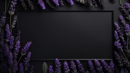 a frame of lavender flowers on a black background with white, capturing the essence of minimalist color fields. this uhd image showcases moody tonalism and subtle gradients, achieved through webcam photography. the nature-inspired imagery beautifully contrasts with the industrial materials used in the composition. ai generatedの素材