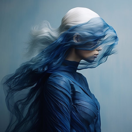a woman stands under a mesmerizing display of blue and white clouds of hair, reminiscent of futuristic chromatic waves. this artistic composition draws inspiration from the works of olivier valsecchi, aron demetz, kazuki takamatsu, and features a monochromatic color scheme with dark indigo and light indigo tones. the image also includes naturalistic bird portraits, adding an intriguing element to the overall aesthetic. ai generatedの素材