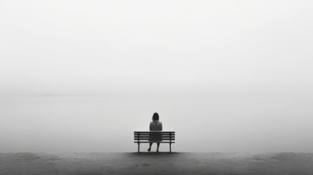 a woman sits on a bench, gazing at the water in this black and white image. the ethereal minimalism style creates a misty atmosphere, while the haunting figuratism adds depth. with an 8k resolution, the photo showcases stunning details. the monochromatic color scheme and faded palates enhance the minimalistic symmetry of the composition. ai generatedの素材