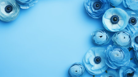 a row of blue flowers, softly blended in hues, arranged in a circle on a blue background. this monochromatic still life showcases the use of paper and a romantic floral motif. the photo features a matte finish and employs focus stacking to capture the vibrant colors in a captivating way. ai generatedの素材