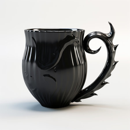 a blighted dragon mug, 3d printed with sinuous lines and a glossy finish. rendered in the style of unreal engine, this dark black mug showcases varied brushwork techniques. adorned with symbolic objects and illustrations reminiscent of the necronomicon, it is a unique and captivating piece. ai generatedの素材