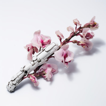 a toothpick shaped like a branch adorned with branches and pink flowers, inspired by futuristic robots. this unique creation showcases the fusion of art forms such as jewelry by painters and sculptors, angura kei, and dansaekhwa. the delicate cherry blossoms add a touch of elegance to the steel design, captured beautifully with a hasselblad 1600f. ai generatedの素材