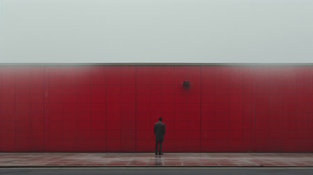 a man stands on a street, facing a red tiled building, in a misty atmosphere. the photo captures the essence of conceptual minimalism, with elements of futuristic minimalism. the use of screen tones adds depth to the minimalistic portrait, while the absence of color enhances the overall aesthetic. ai generatedの素材