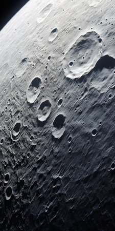 the moon's surface showcases intricate circles, aiding in surface analysis. this national geographic photo captures the essence with a low depth of field, detailed engraving, and aluminum material. the image evokes a caravaggesque style, emphasizing realist detail and evoking a nostalgic feel reminiscent of retro sci-fi scenes. ai generatedの素材
