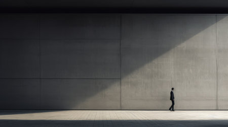 a solo man walks in the daytime in a white empty open space. this stock image photo by tynan m til captures the essence of abstract minimalism. the dark gray and gray tones, captured with a sony alpha a7 iii, add depth to the composition. the mastery of panel composition by kji morimoto is evident in this concrete setting, where sunrays shine upon the scene.の素材