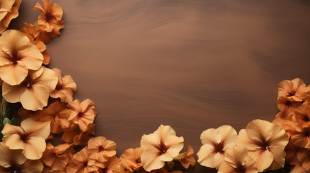 floral background with a photorealistic composition on a brown wood grain backdrop. the dark beige and amber tones create a minimalist and desertwave-inspired aesthetic. this matte photo showcases a tropical baroque design, blending nature and artistry seamlessly. ai generatedの素材