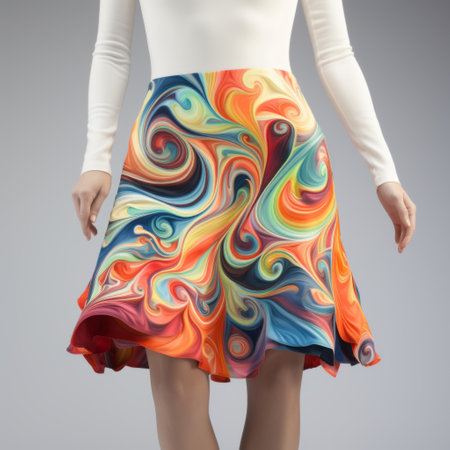 a model showcasing a vibrant swirled skirt with a realistic impression. the extruded design features fine and detailed elements, influenced by precisionism. the poured colors create a soft-edged effect, while the overall design is ultra-detailed. ai generatedの素材