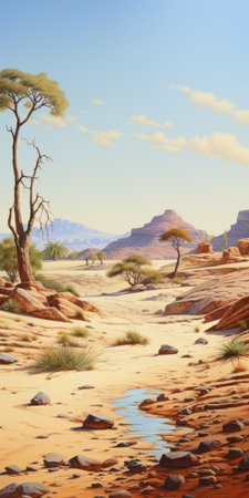 a hyperrealistic illustration of a tree in a desert, showcasing highly detailed environments and richly detailed genre paintings. this australian landscape is rendered in maya, with a flat and limited shading style, creating a captivating and visually striking illustration. ai generatedの素材
