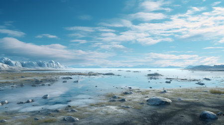 frozen lake in cold mountainous landscape, rendered in maya, featuring hyperrealistic marine life. paleocore elements blend seamlessly with the zeiss milvus 25mm f14 ze lens, capturing the atmospheric environments. the white and aquamarine hues create a captivating groundcore. ai generatedの素材