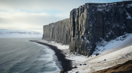 a breathtaking photograph showcasing a majestic, icy mountain surrounded by snow and overlooking the vast ocean. this stunning image captures the essence of industrial landscapes, classical landscapes, eroded surfaces, and eerie landscapes. shot in the style of 32k uhd, it beautifully portrays the delicate details of the scene using the carl zeiss distagon t 15mm f/2.8 ze lens. ai generatedの素材