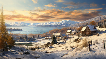 a winter landscape image featuring a cozy cottage surrounded by the beauty of nature. this stunning winter landscape photography captures the essence of autumn trees in high definition. the image is reminiscent of the style of sea and coast painters, with elements of cryengine and ps1 graphics. it evokes the spirit of american scene painting and whistlerian art, offering a uhd depiction of rural life.の素材
