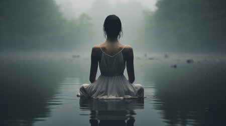 a woman sits serenely in the water, surrounded by a foggy sky. the image reflects the influence of zen buddhism, with its calming symmetry and spiritual themes. the color palette of dark white and dark emerald adds to the beauty of this scene, evoking a sense of tranquility. this photo captures the essence of cottagecore aesthetics. ai generatedの素材