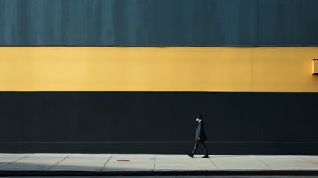 a man walks in front of a striking yellow and black building, entering a shop. the scene captures the essence of color field minimalism and the new york school, with impressive panoramas and minimalist abstracts. the image is taken with the sony fe 12-24mm f/2.8 gm lens, showcasing bold lines, contrasts, and the artistic style of strip painting. ai generatedの素材