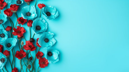 a group of flowers, including red and blue poppies, is beautifully arranged on a blue background. the image showcases a dark turquoise and light turquoise color scheme, with the use of paper and organic sculpting techniques. the uhd image captures the details in light turquoise and light black, while also incorporating hints of light turquoise and light green. this matte photo is visually captivating. aiの素材
