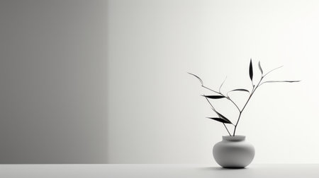a black and white photograph showcasing a white vase adorned with a touch of greenery. this luminous 3d object captures the essence of oriental minimalism and showcases a muted colorscape mastery. the image resembles a wallpaper with its matte finish, evoking a sense of japanese minimalism. ai generatedの素材