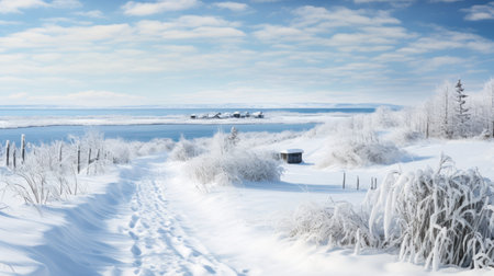 a small snowy winter landscape featuring snow-covered trees and a hut. the serene scene resembles the calm seas and skies often depicted in hasselblad h6d-400c photographs. this national geographic photo captures the beauty of coastal views, reminiscent of the works of eilif peterssen and anton mauve, as well as the captivating style of an associated press photo. ai generatedの素材