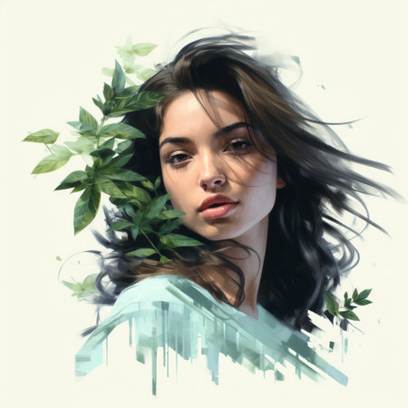a digital painted photo of a woman with a green tattoo, in the style of raphael lacoste, featuring abstracted botanical illustrations and fragmented portraiture. this 32k uhd image showcases angular brushstrokes that beautifully capture the essence of nature. ai generatedの素材