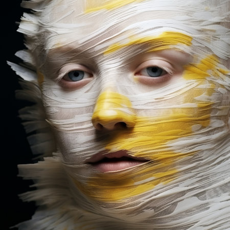 a girl with yellow paint on her face, showcasing a bio-art inspired look. the photo captures the essence of painterly lines and layered surfaces, reminiscent of national geographic photography. the composition also incorporates elements of gutai, with disfigured forms that evoke the work of serge marshennikov. ai generatedの素材