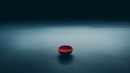 a cup floating in a dark place, showcasing oriental minimalism with a touch of dark cyan and red. this captivating photo by mikko lagerstedt captures the essence of japanese tradition, featuring a rounded, panoramic-scale cup made of rubber. ai generatedの素材