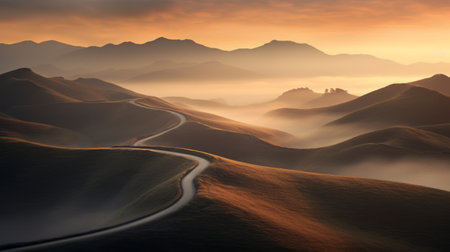 an endless roadway stretches ahead, adorned with clouds gracefully gliding above. this captivating photo captures the essence of italian landscapes, with its light bronze and orange hues. shot with the zeiss batis 18mm f2.8 lens, the image showcases organic shapes and curved lines. the romantic soft focus and ethereal light evoke a sense of tranquility reminiscent of traditional chinese landscapes. it's no wonder this photoの素材