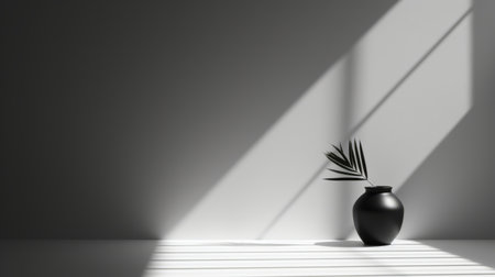 empty white vase and empty space in the background, with bold shadows and minimalist black and white style. sunrays shine upon this luminous 3d object, creating a tropical symbolism in this minimalist design. ai generatedの素材