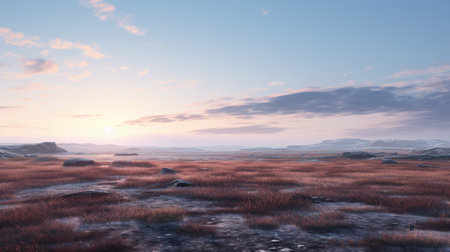 a stunning sunrise illuminates a serene landscape of grass and rocks, captured in a hyper-detailed and realistic style. the atmospheric horizons create a mesmerizing backdrop of light maroon and sky-blue hues. this captivating image showcases the beauty of dutch landscapes, with hyper-realistic water and the use of terragen software. explore this breathtaking scene on sketchfab. ai generatedの素材