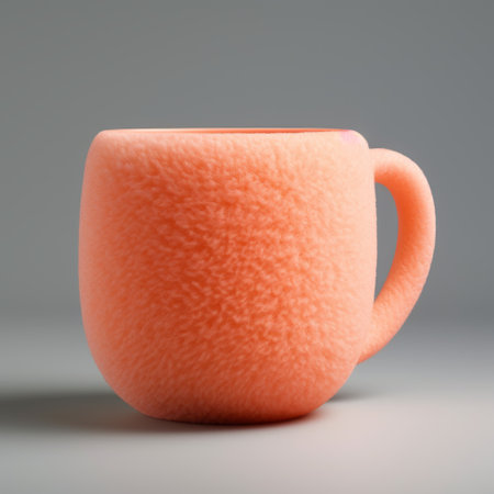 a close-up photo of a pink coffee cup with a sock monkey design, placed on a coffee maker. rendered in cinema4d, the cup showcases uneven textures and a densely textured or haptic surface. the light orange color and matte finish add to its visual appeal. ai generatedの素材