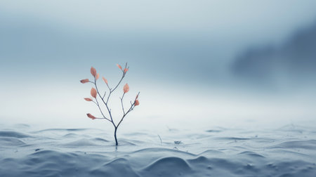 a photo of a tree standing tall amidst a fog-covered field, created using cinema4d rendering techniques. the image captures the naturalistic ocean waves in the background, while delicate sculptures add an artistic touch. with selective focus, the dark orange and aquamarine hues create a serene atmosphere. the composition embodies the essence of oriental minimalism, showcasing detailed foliage. ai generatedの素材